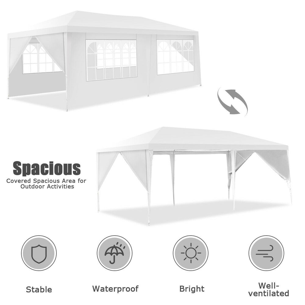 10 x 20 feet white canopy tent with 6 sidewalls, waterproof design, ideal for outdoor parties and events.