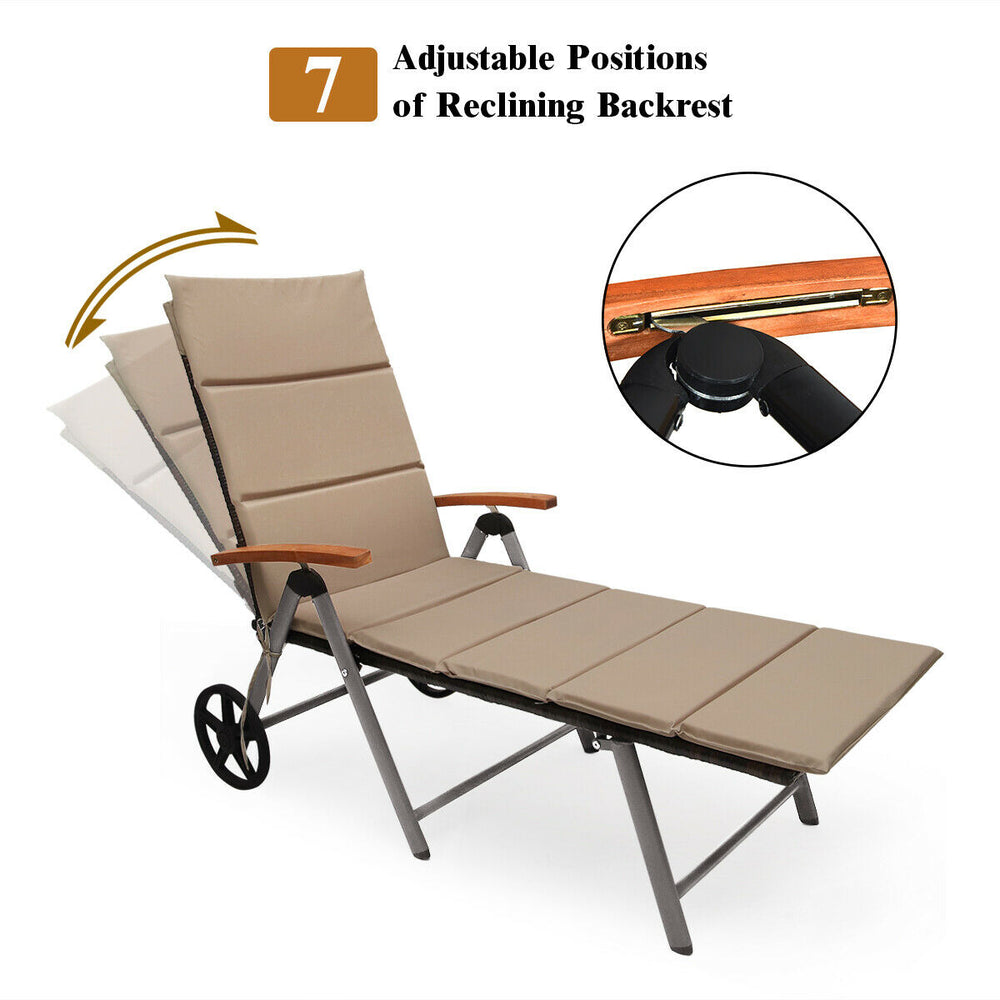 Outdoor rattan chaise lounge chair with adjustable backrest in seven positions, ideal for beach or poolside relaxation.