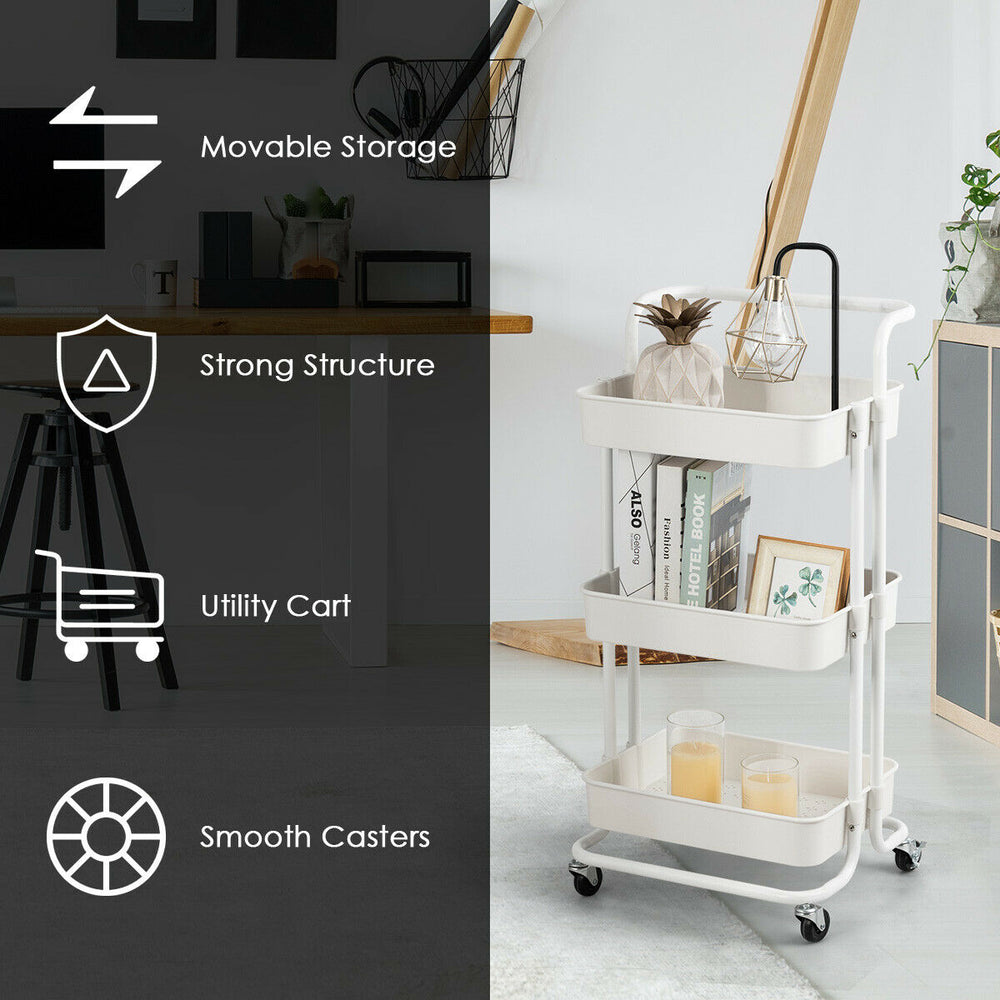 3-tier white utility cart with smooth casters, ideal for versatile storage in kitchens, living rooms, or bathrooms.