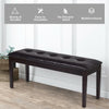 Brown PU upholstered bench with rubber wood legs, cushioned seating, perfect for entryways and dining rooms.