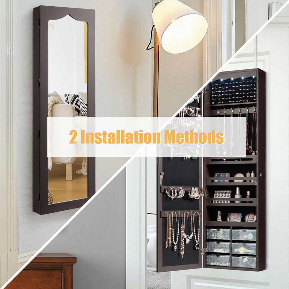 Jewelry armoire with full-length mirror, brown MDF, 5 LED lights, wall or door mounted for organized storage.