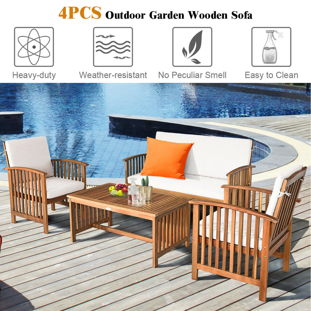 4-piece patio solid wood furniture set in beige with soft cushions, perfect for outdoor relaxation in your garden or.