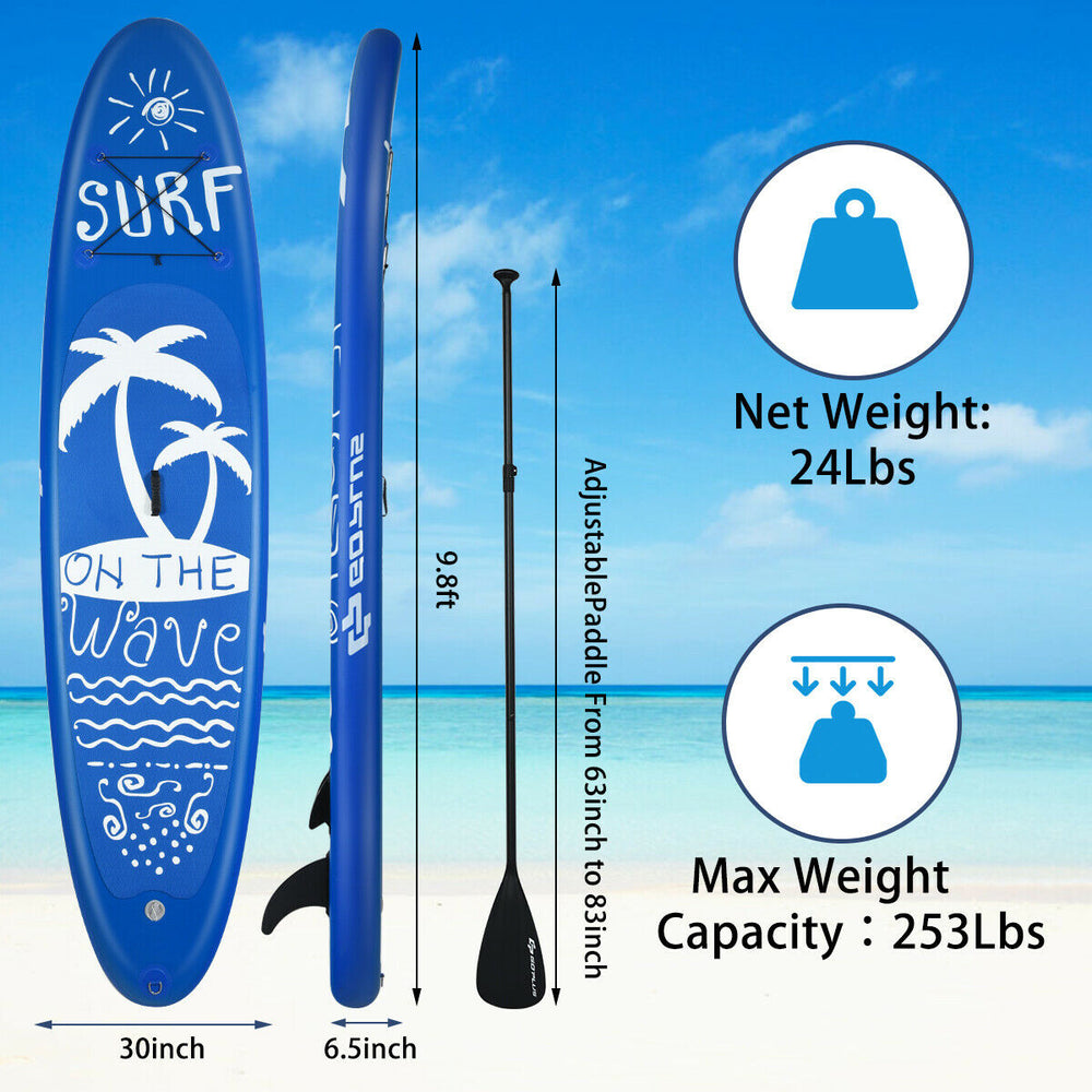 Inflatable stand up paddle board with adjustable paddle, non-slip deck, and three fins for stability and speed.