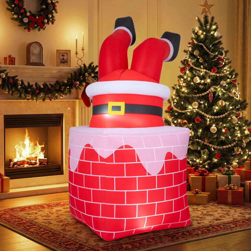 Inflatable 6.2 FT Santa Claus stuck in chimney with LED lights and automatic moving legs for festive yard decoration.