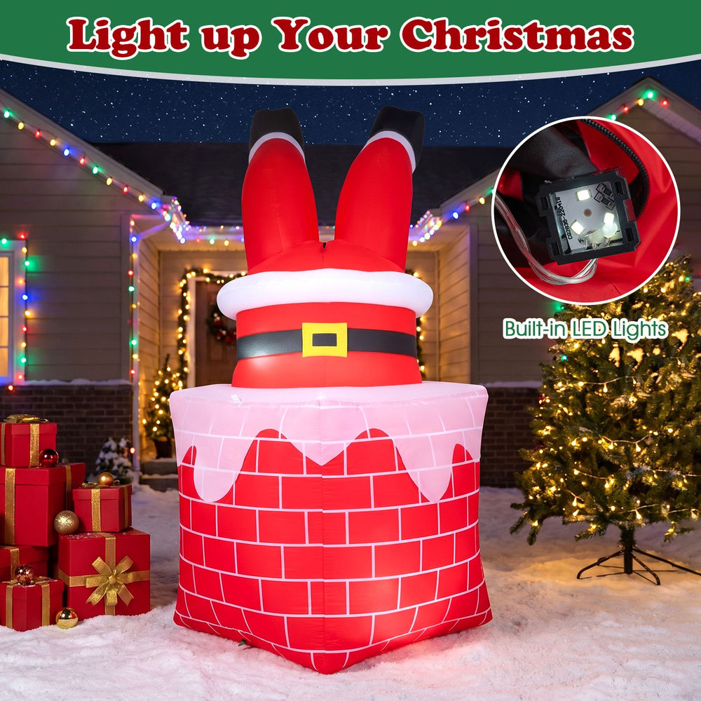 6.2 FT inflatable Santa Claus in chimney with built-in LED lights and automatic moving legs for festive outdoor decoration.