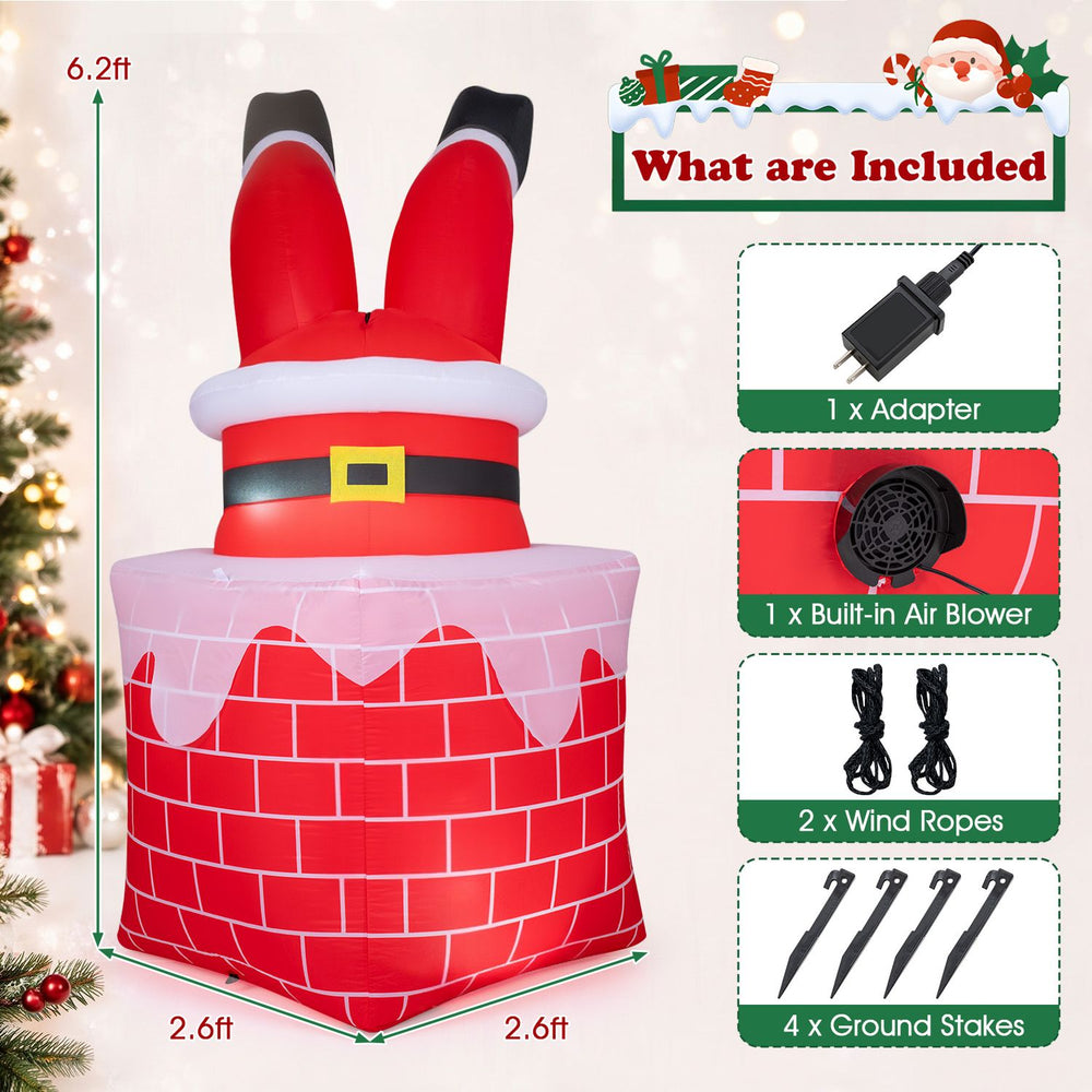 Christmas inflatable Santa Claus decoration in chimney, 6.2 ft tall, with built-in LED lights and automatic moving legs.