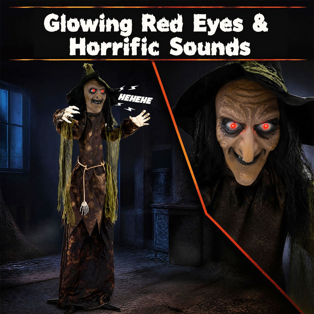 Animated 6.2 ft Halloween witch decoration features red glowing eyes, swinging arms, and creepy laughter for spooky scenes.