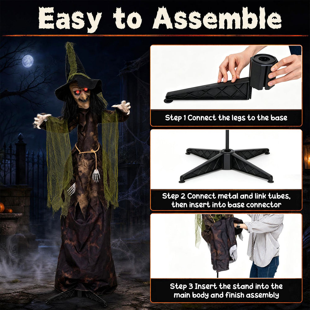 6.2 ft Halloween animated witch decoration features red glowing eyes, swinging arms, and a solid base for easy setup.
