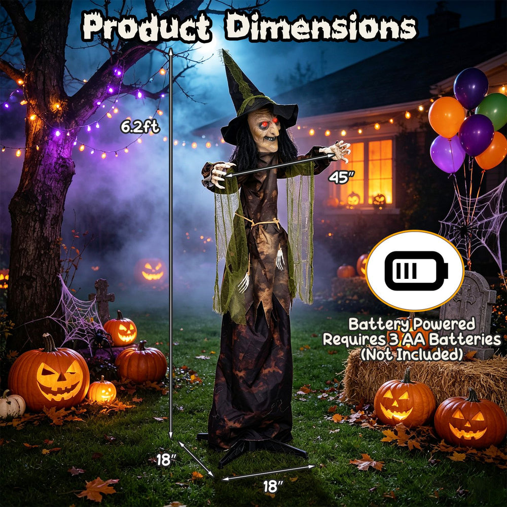 6.2 ft Halloween animated witch decoration features red glowing eyes, swinging arms, and requires 3 AA batteries for spooky fun.