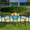 Two patio bar stools with height cushions and armrests, ideal for poolside relaxation and outdoor dining.