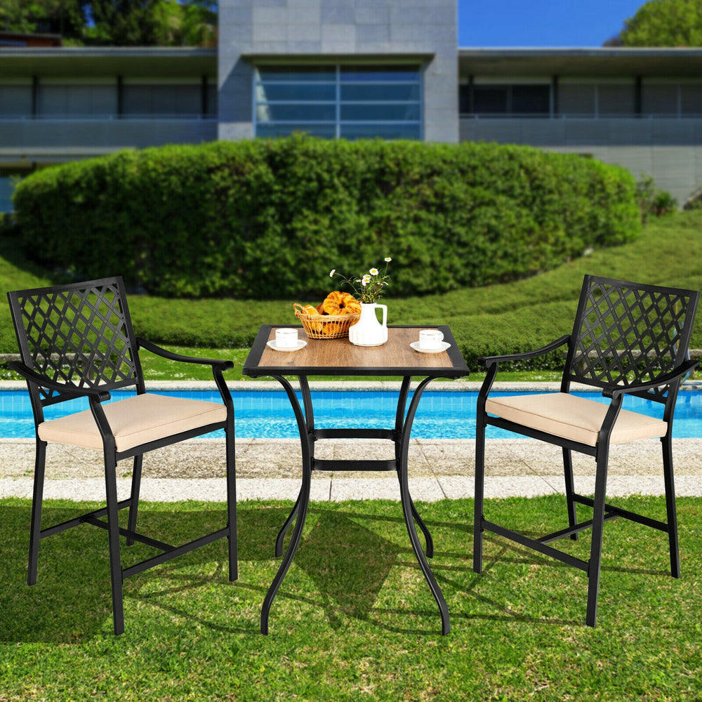 Two patio bar stools with height cushions and armrests, ideal for poolside relaxation and outdoor dining.