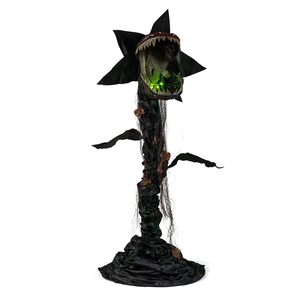 The 6.2 ft animated Halloween Man-Eater Plant features twisted leaves and a monstrous face for a chilling effect.