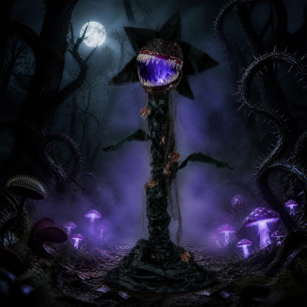 Life-size 6.2 ft animated Halloween man-eater plant features color-changing LEDs, swaying head, and horrifying sounds.