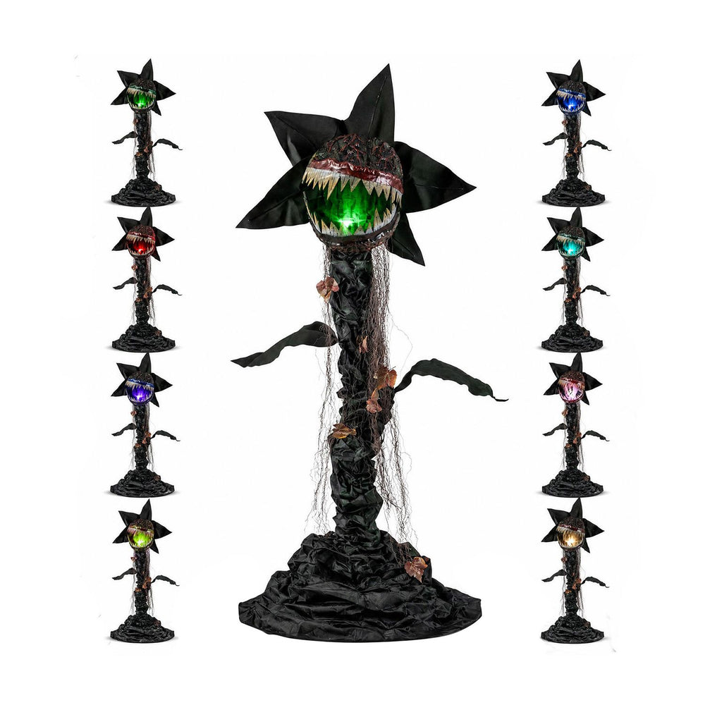 Animated 6.2 ft Halloween man-eater plant features color-changing LEDs and swaying head for a spooky display.