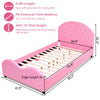 Twin size upholstered toddler bed in pink with wood slat support, safe design for kids' comfort and independence.