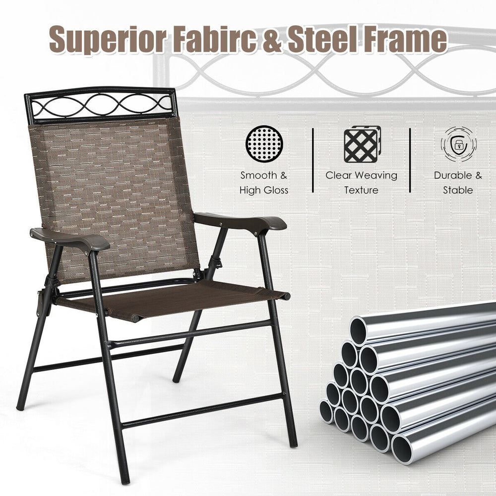 Folding patio chair with breathable fabric and heavy-duty steel frame, ideal for outdoor activities and family.