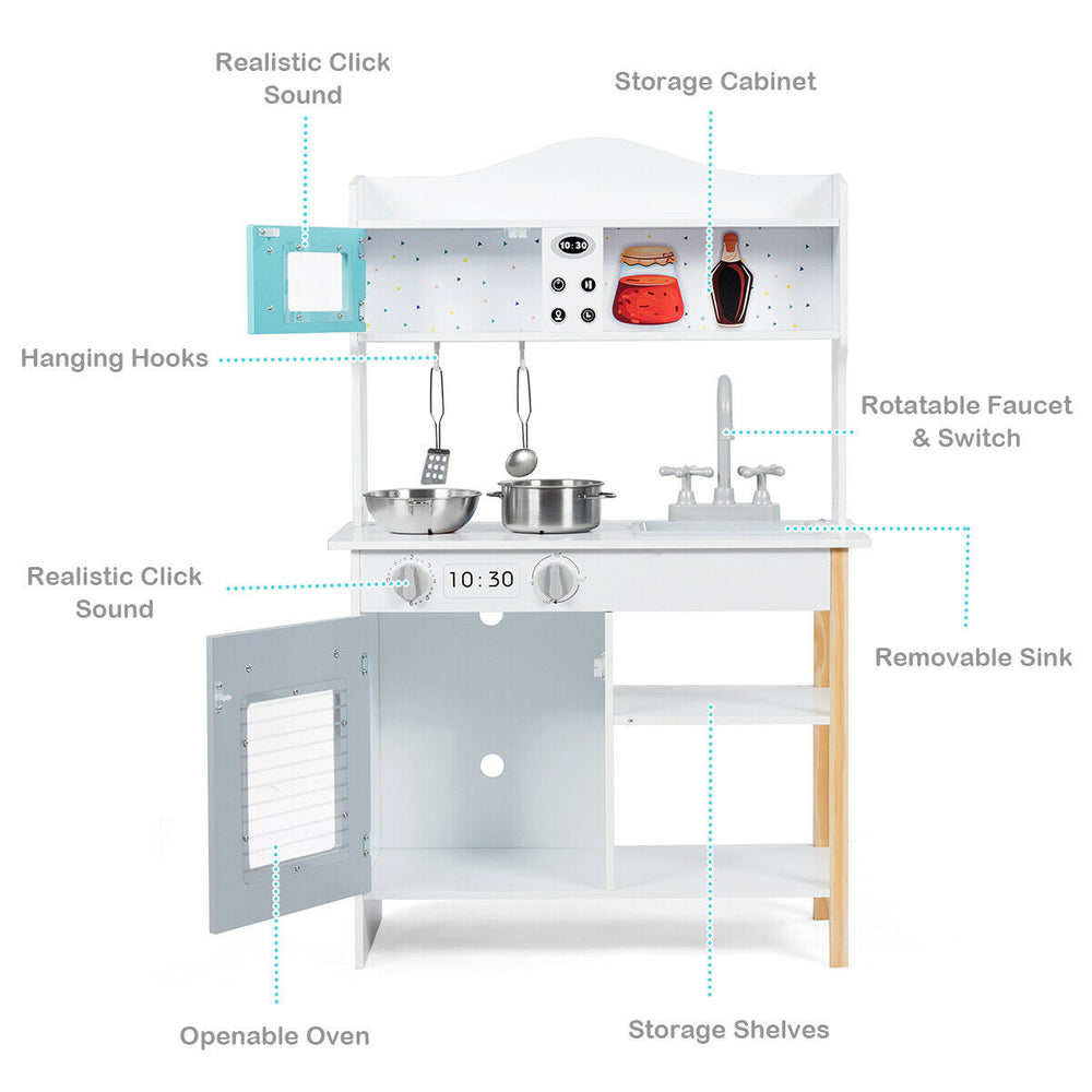 Kids kitchen cooking playset featuring a removable sink, rotatable faucet, and realistic stove sounds for imaginative.