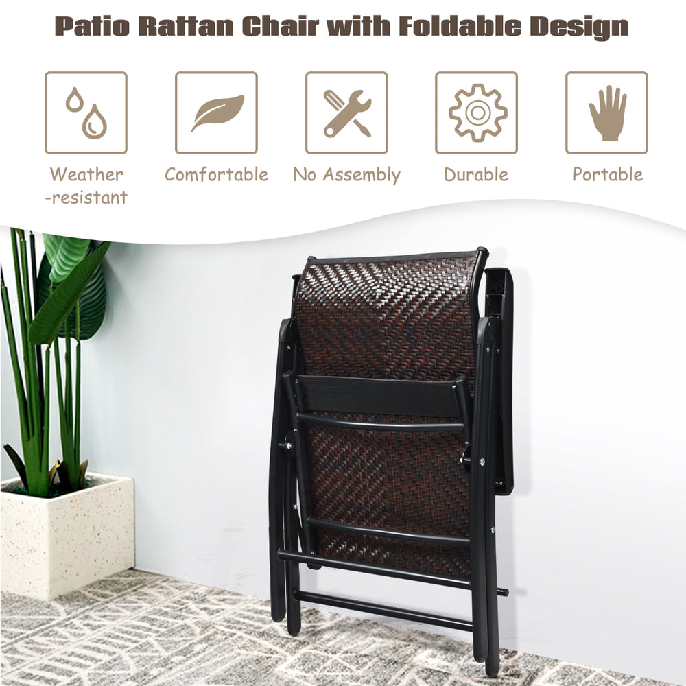 Folding patio rattan chair with adjustable backrest, durable PE rattan, and lightweight design for easy storage and.