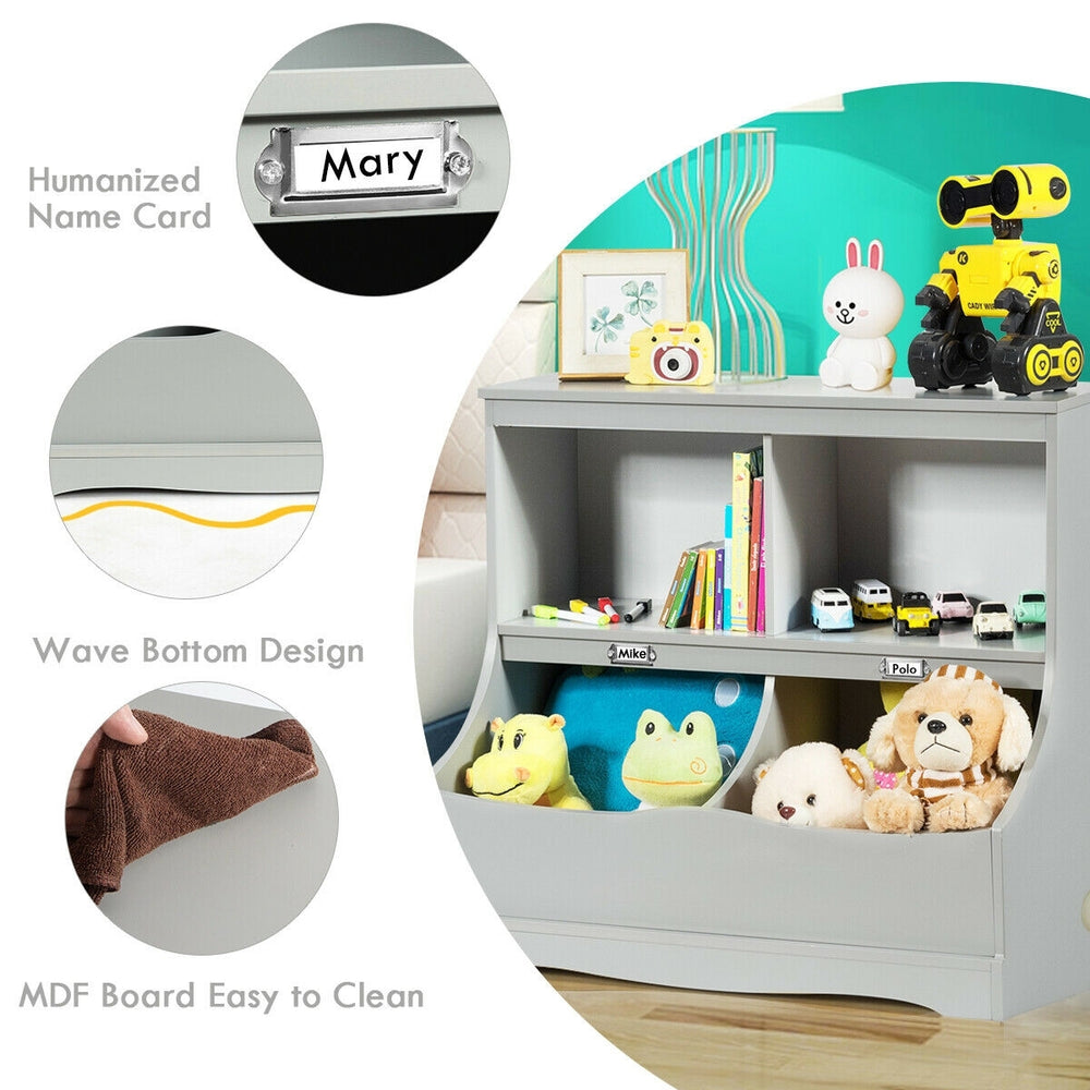 Kids floor cabinet in gray with 2 cubbies and 2 bins, made of MDF board, perfect for organizing toys and books.
