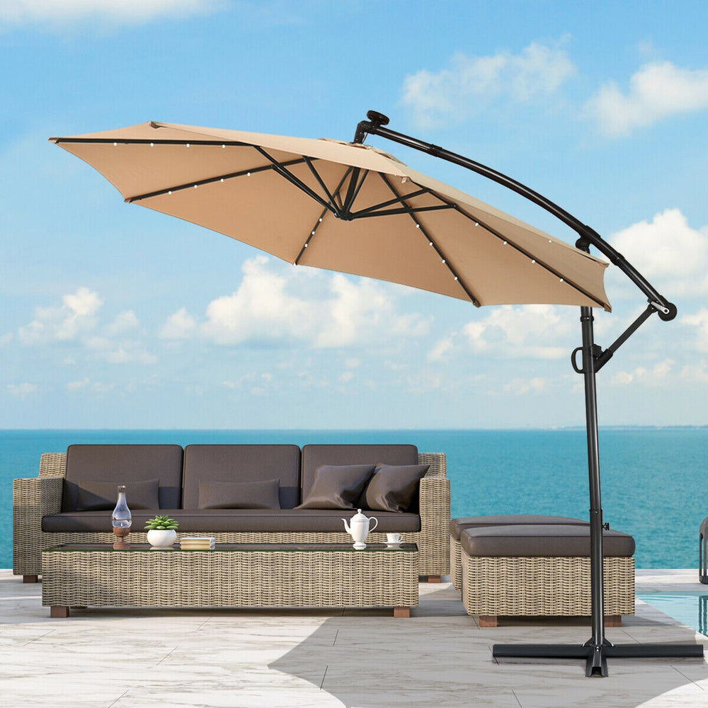 10 led patio offset umbrella Garvee 10' Solar Lights Umbrella, Cantilever with Easy Lift & Tilt Adjustment, 8 Ribs Sun Umbrella UV Protection, Wine Red Built for strength Costway, Solar Offset Hanging Umbrella,