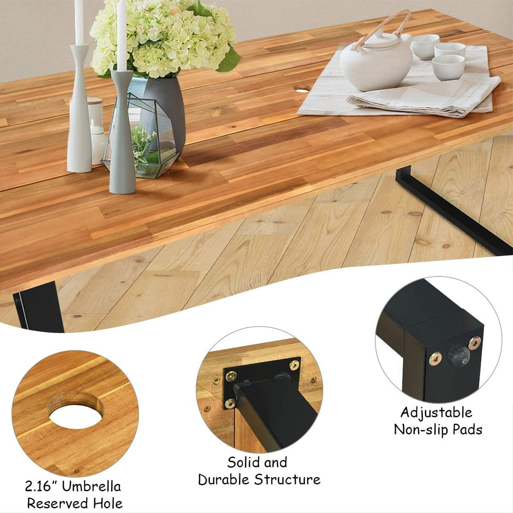 Close-up of the acacia wood table top with umbrella hole, showcasing durable structure and adjustable non-slip pads.