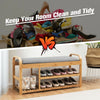 3-tier bamboo shoe rack bench with cushion, ergonomic height, suitable for entryway or bedroom, holds up to 330 lbs.