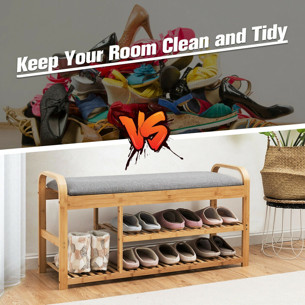 3-tier bamboo shoe rack bench with cushion, ergonomic height, suitable for entryway or bedroom, holds up to 330 lbs.