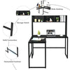 L-shaped black desk with open storage hutch and humanized footrest, ideal for multitasking in any office or room.