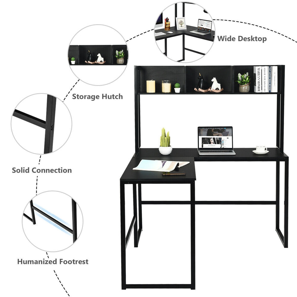 L-shaped black desk with open storage hutch and humanized footrest, ideal for multitasking in any office or room.