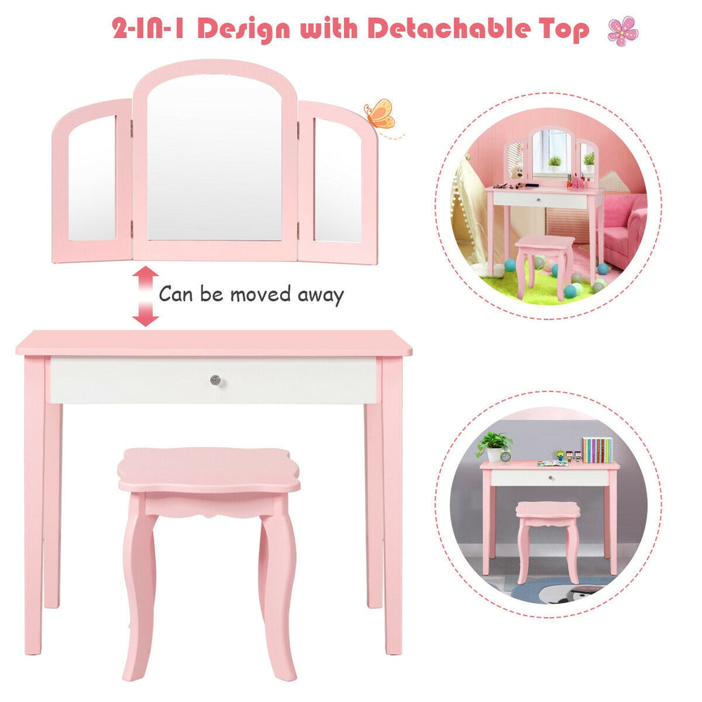 Kids pink makeup dressing table with removable tri-folding mirror, sturdy MDF, ideal for writing or reading in a.