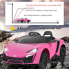 Pink 12V electric vehicle with remote control, LED lights, and safety features for kids' outdoor fun.