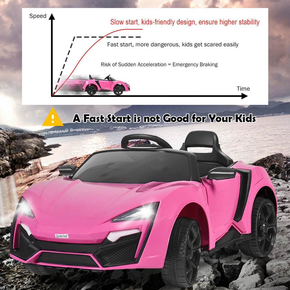 Pink 12V electric vehicle with remote control, LED lights, and safety features for kids' outdoor fun.