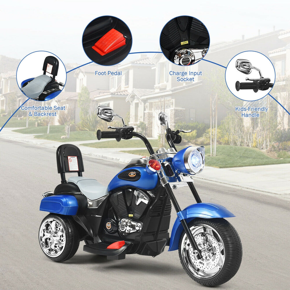Chopper style 6V 3 wheel kids motorcycle in blue with comfortable seat, adjustable headlight, and built-in music for.
