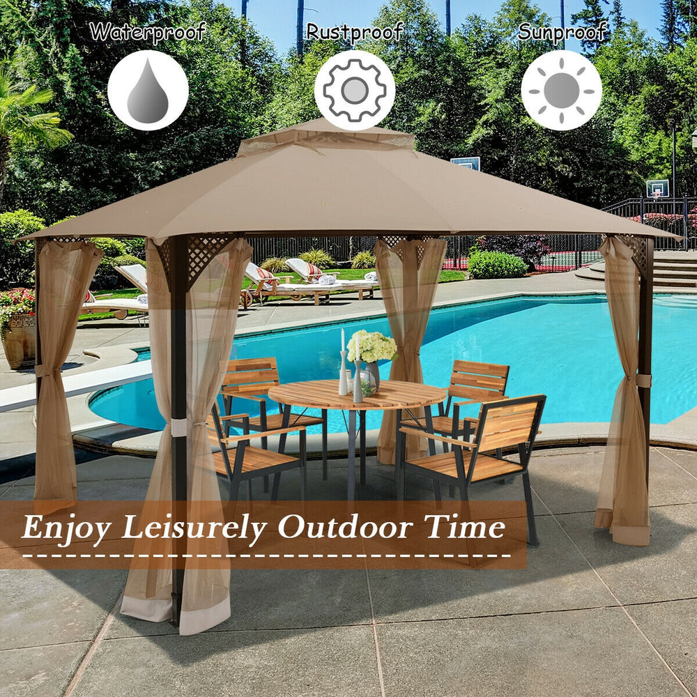 12x10 feet outdoor double top patio gazebo in brown with netting, perfect for backyard barbecues and outdoor gatherings.