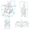 A-Shaped high chair with 4 lockable wheels, 5-point safety harness, and adjustable height for safe feeding.