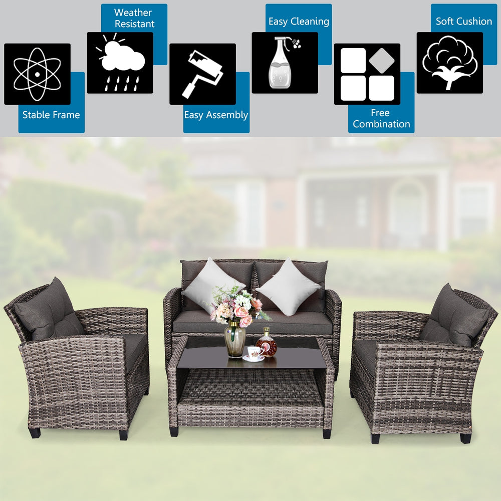 4-piece patio rattan furniture set with gray cushions, including a coffee table, loveseat, and two single sofas for.
