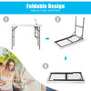 Folding cleaning sink table with sprayer, portable design for outdoor use, easy to store and set up with garden hose.