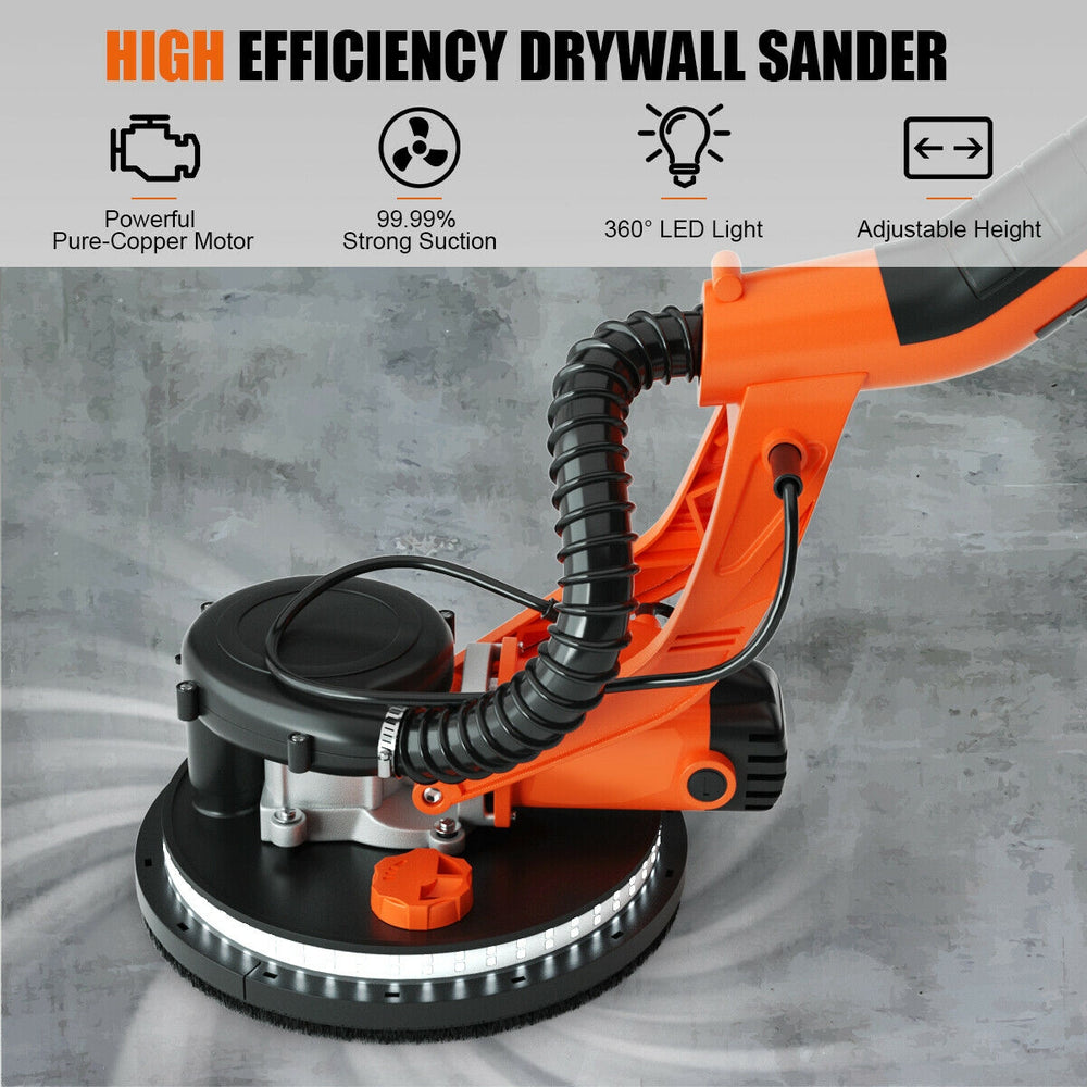 Electric drywall sander with 750W motor, adjustable height, LED light, and automatic vacuum for dust-free sanding.