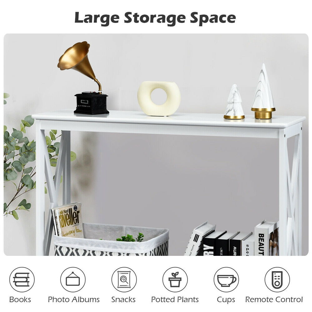 White 2-tier console table with X-design, offering large storage space for books and decor in living rooms or entryways.