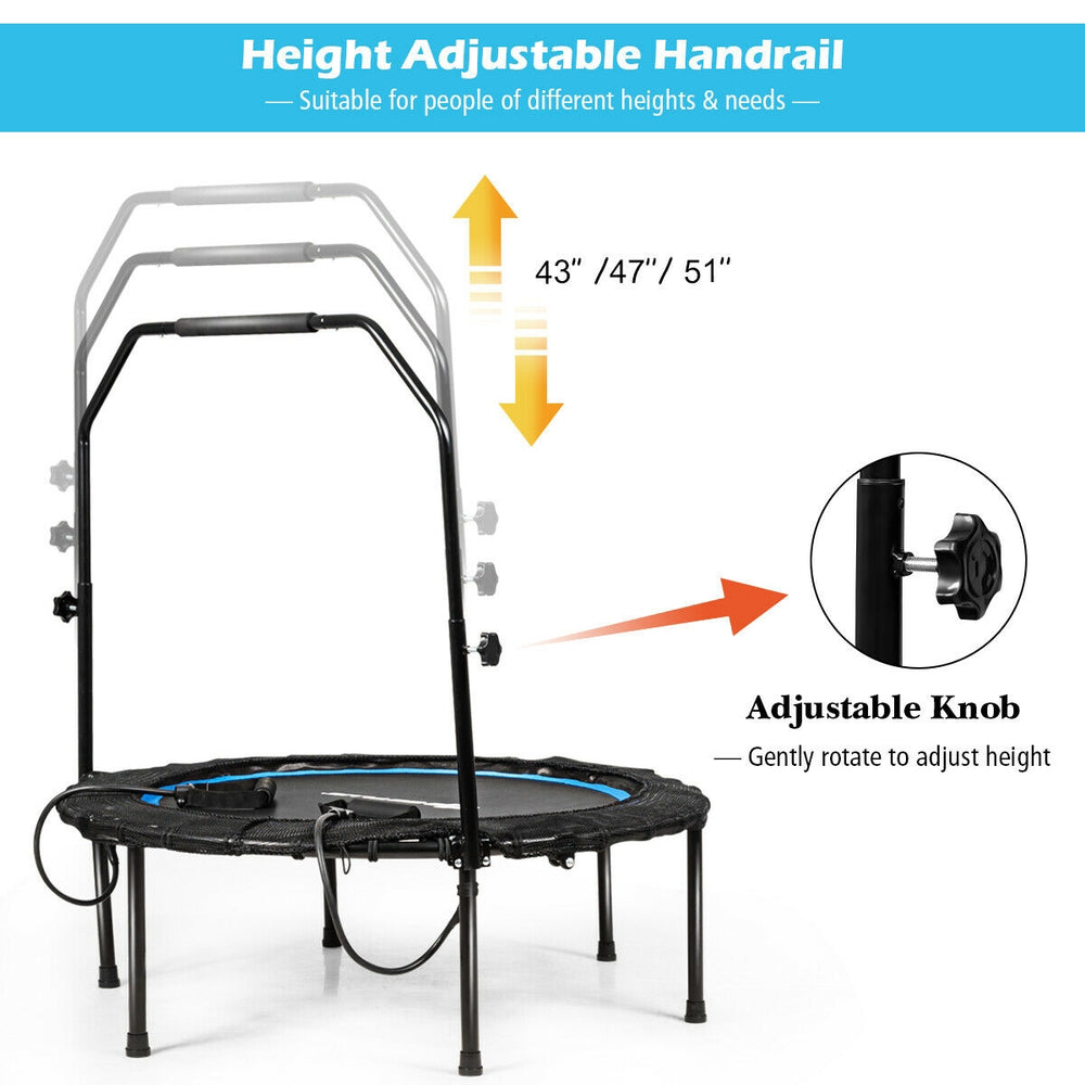 Height adjustable handrail of the 40" foldable fitness rebounder with resistance bands for versatile workouts.