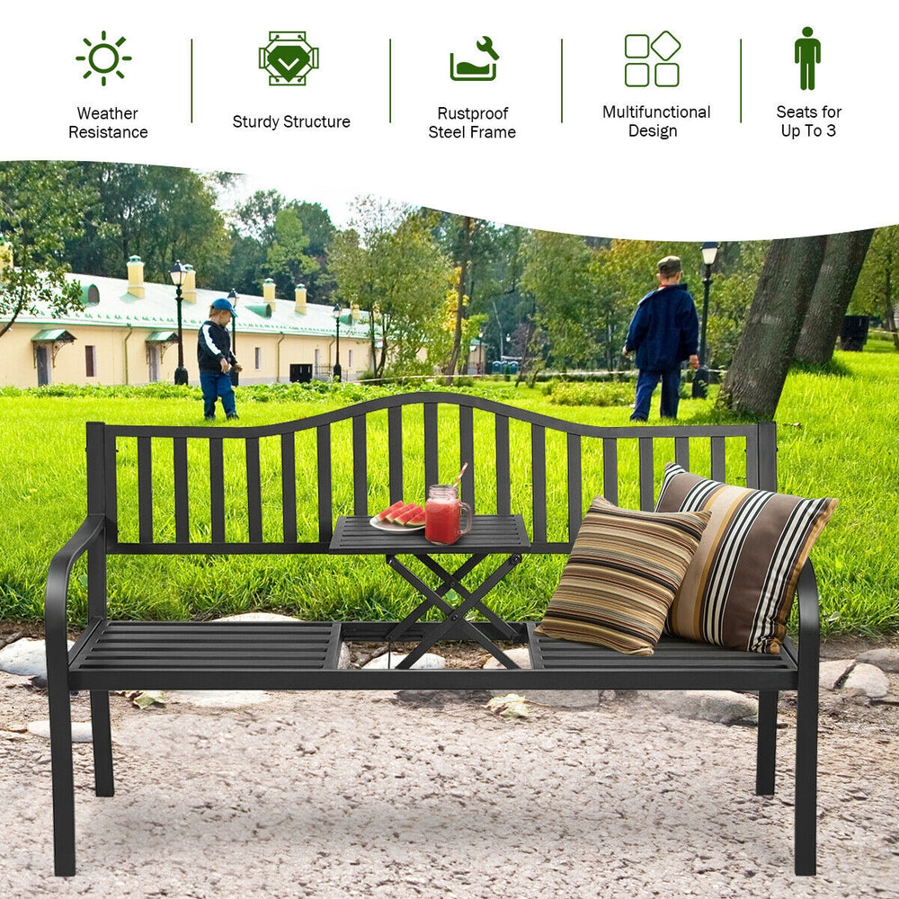 Patio garden bench with rustproof steel frame and adjustable center table, seats 2-3 for outdoor relaxation.