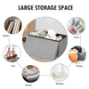Light gray folding storage ottoman with lift top, featuring large storage space for shoes, blankets, and clothes.