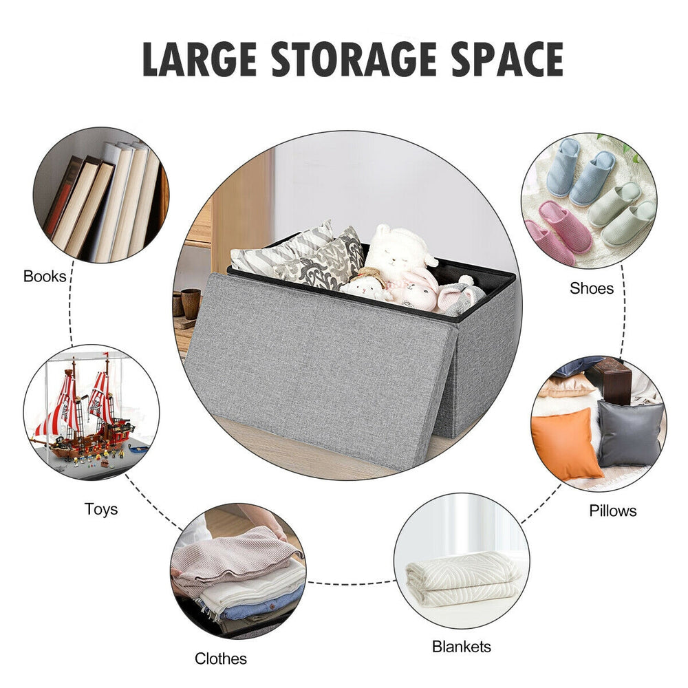 Light gray folding storage ottoman with lift top, featuring large storage space for shoes, blankets, and clothes.