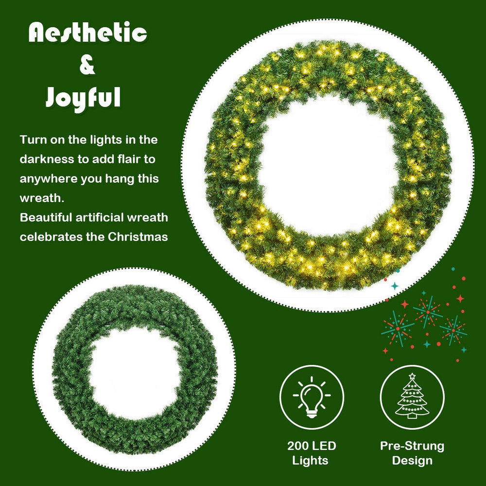 48-inch pre-lit artificial Christmas wreath with 200 LED lights, featuring a lush green design for festive decor.