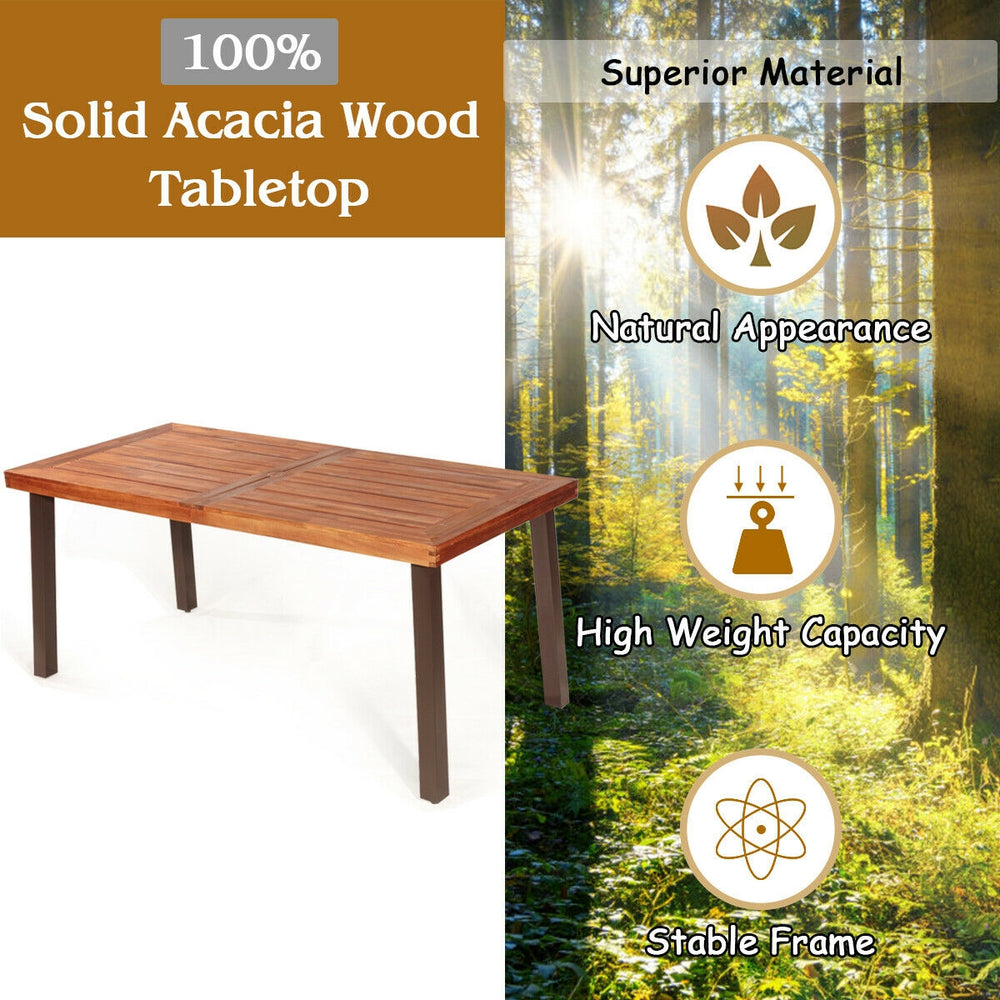 Rectangular acacia wood dining table with steel frame, featuring a waterproof surface and 2" umbrella hole, ideal for.