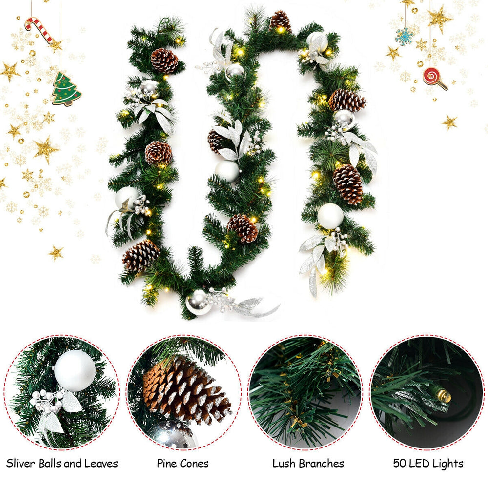 9-foot pre-lit artificial Christmas garland with 50 warm white LED lights, pine cones, and silver ornaments for festive.