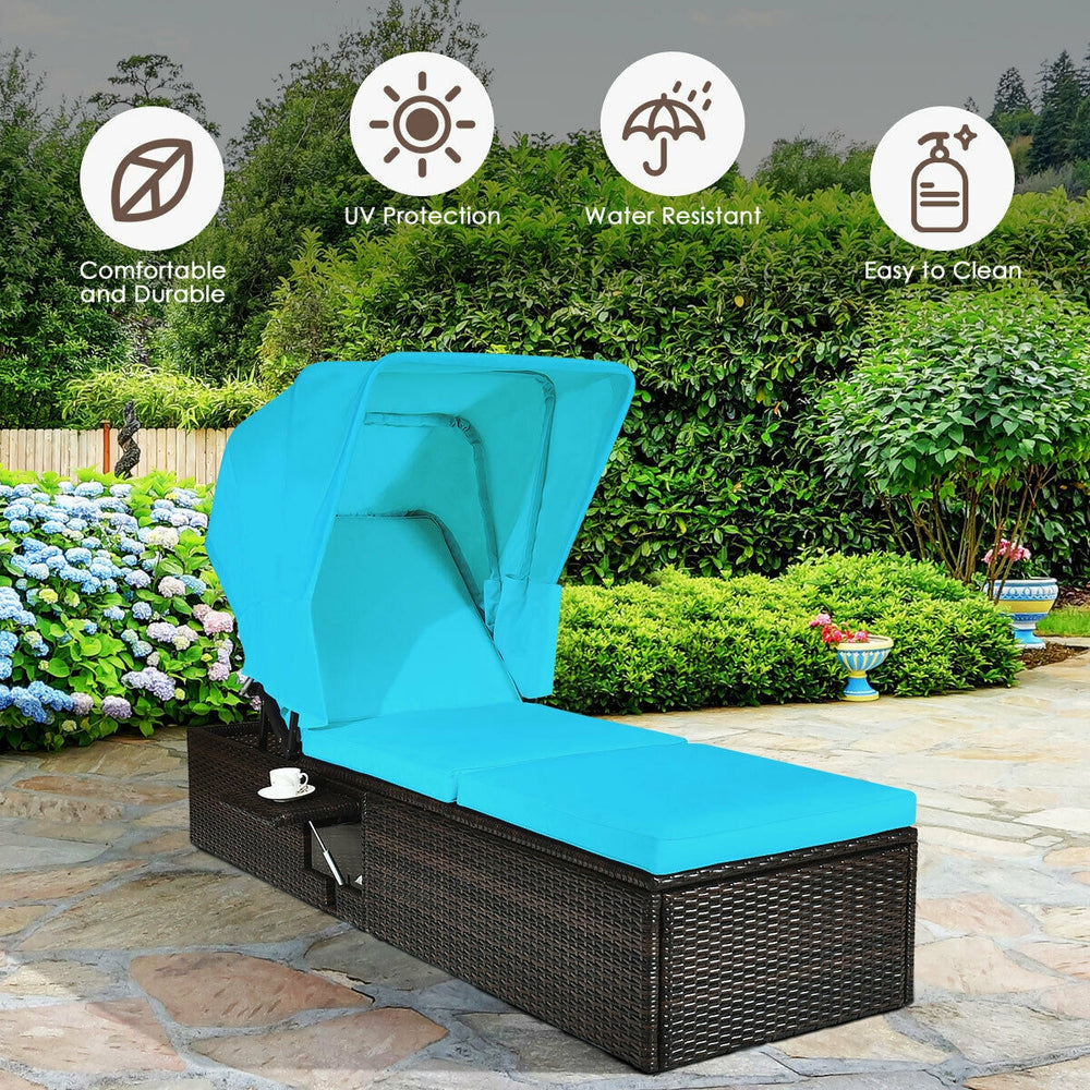 Turquoise outdoor chaise lounge chair showcasing a retractable canopy and sponge-padded cushion, perfect for garden use.