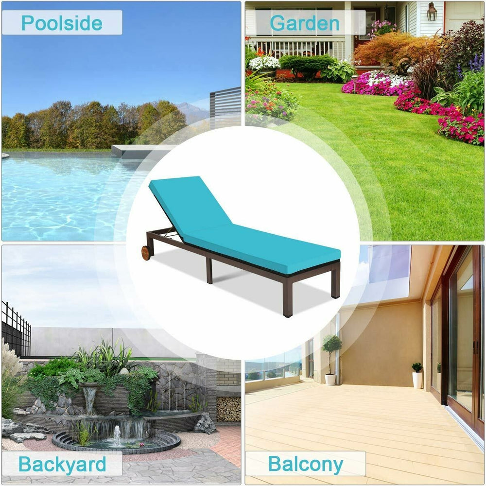 Turquoise patio chaise lounge chair with adjustable backrest and wheels, perfect for outdoor relaxation by the pool or.