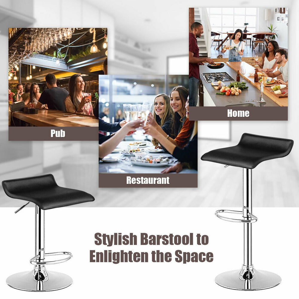 Set of 2 adjustable black PU leather backless bar stools with chrome base, ideal for home or restaurant gatherings.