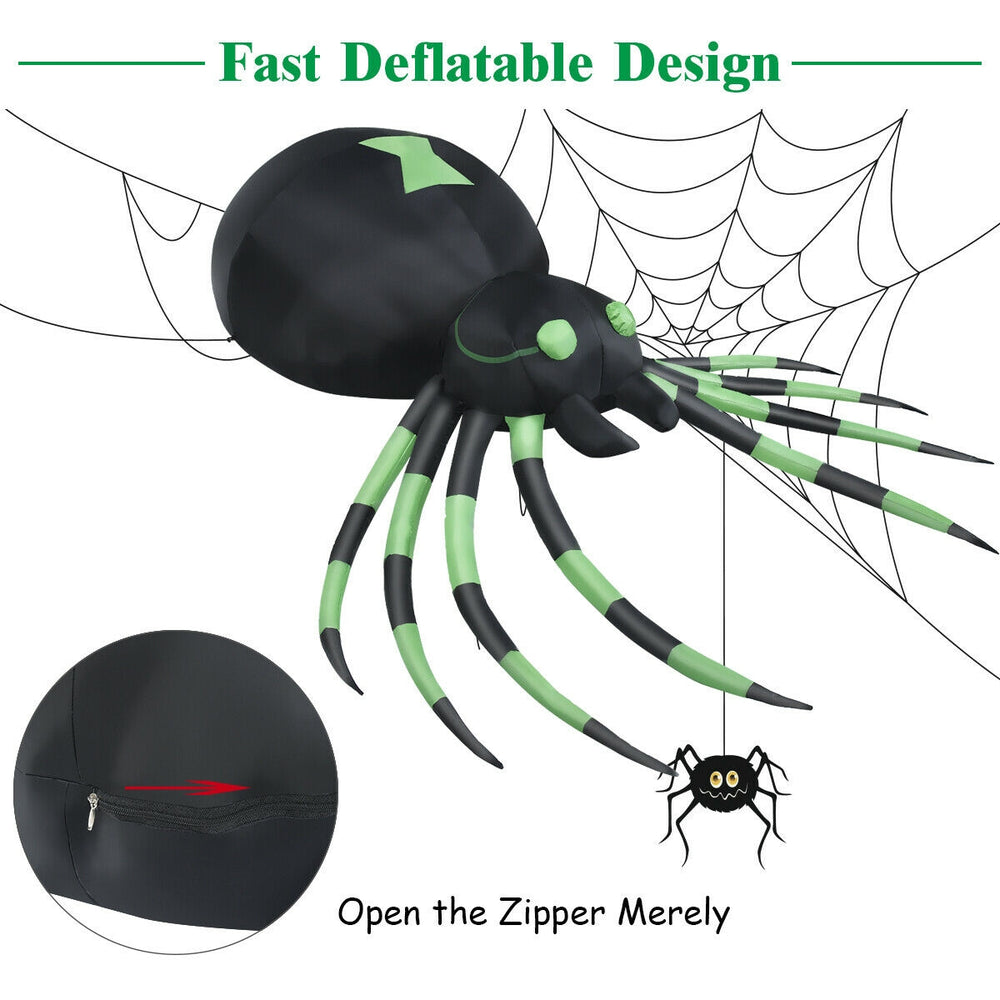 6 feet Halloween inflatable blow-up spider with green accents, made of durable polyester for indoor and outdoor decor.